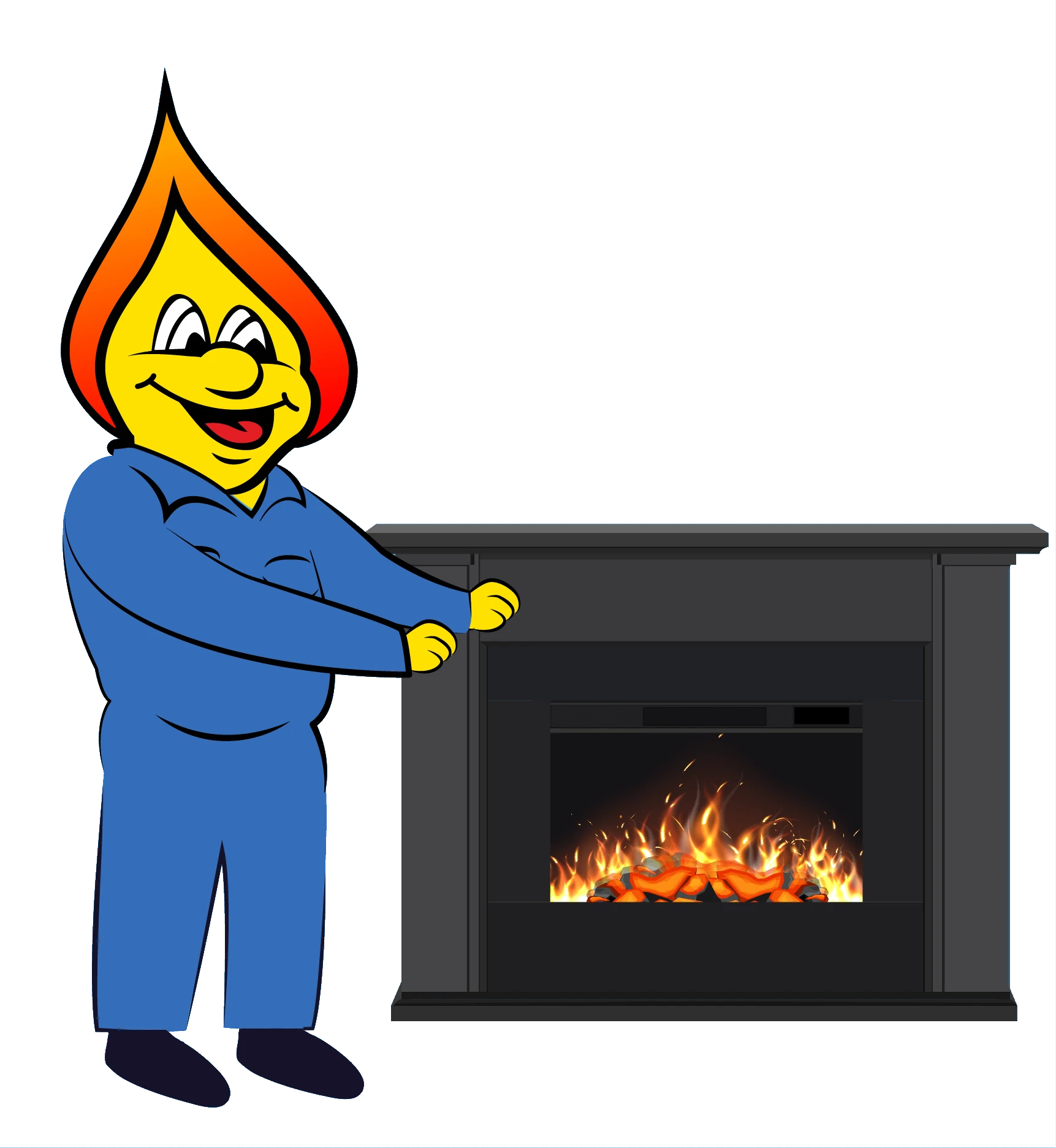 mascot standing next to fireplace