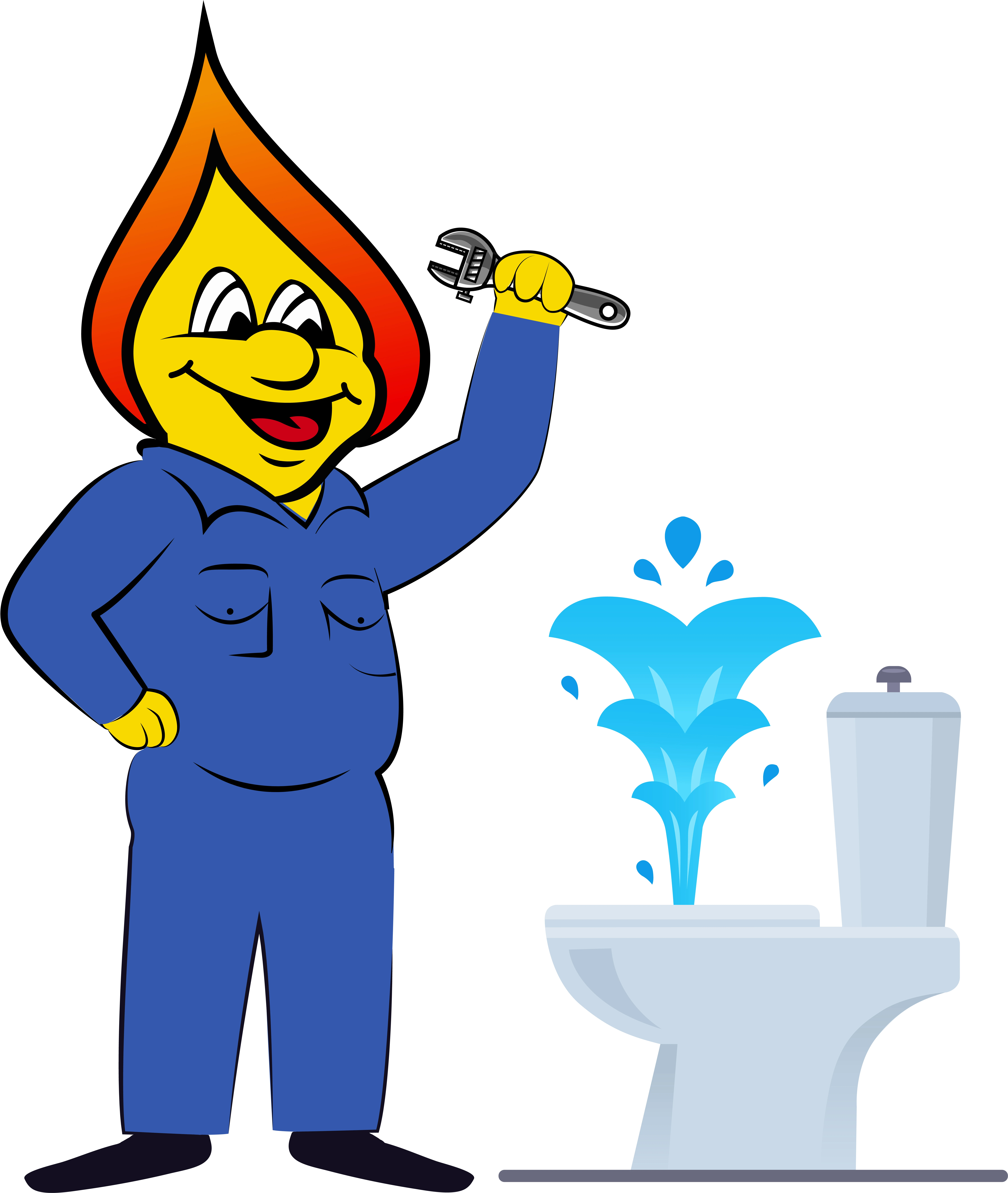 mascot standing next to broken toilet